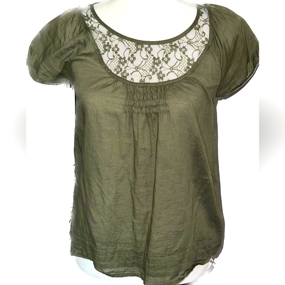 OLD Navy cotton smocked olive green top, retro, XS.